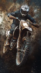 Mud-spraying motocross jump in dramatic suspended motion.
