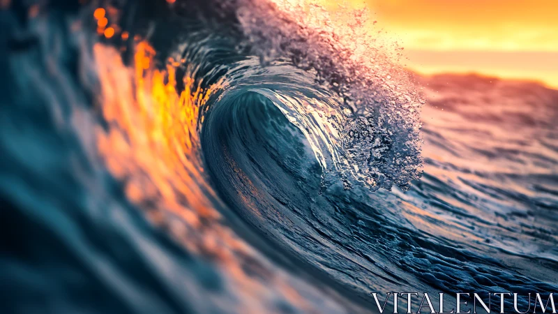 Breaking ocean wave captures sunset light in high detail