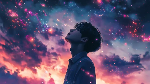 Silhouetted person looks upward beneath vivid cosmic sky