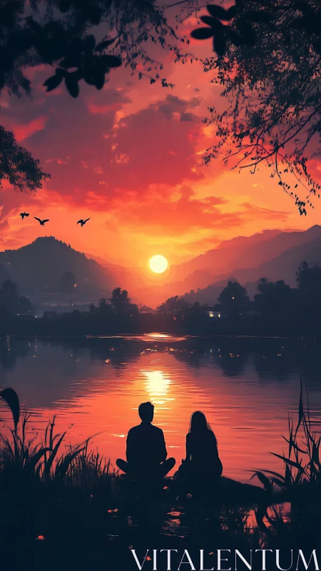Two silhouetted figures sit by a lake watching vivid sunset