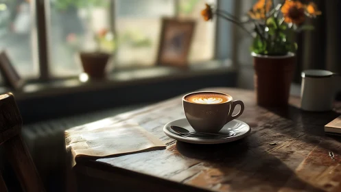 Warm cappuccino on rustic wooden cafe table by window.