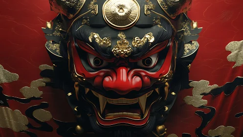 Demonic samurai mask snarls beneath swirling golden clouds