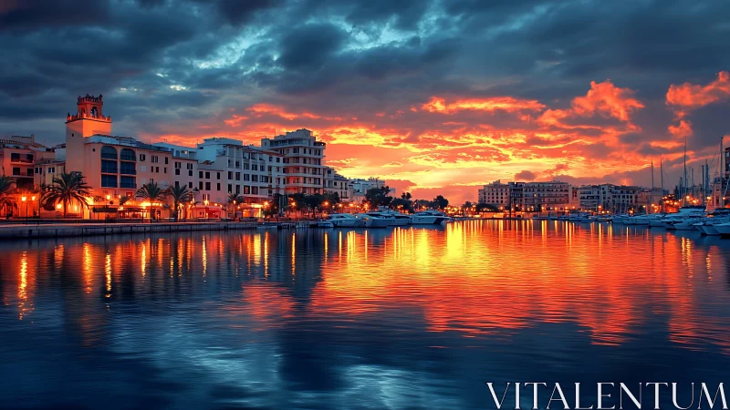 Harbor city skyline glows gently under a fiery evening sunset