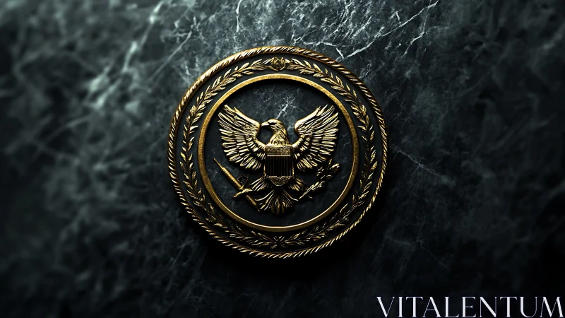 Golden eagle emblem on dark marble background.