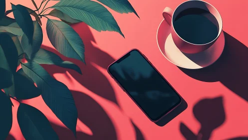 Minimalist Workspace with Coffee, Phone, and Tropical Foliage