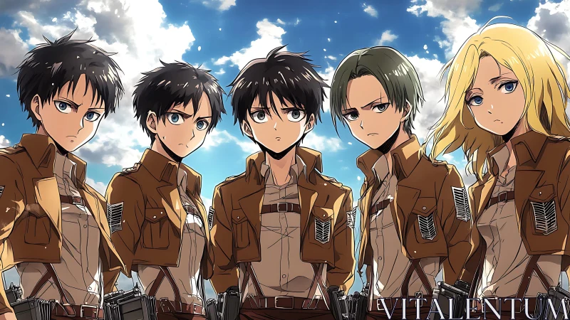 Parametric lineup of uniformed anime cadets under cloudbreak sky.