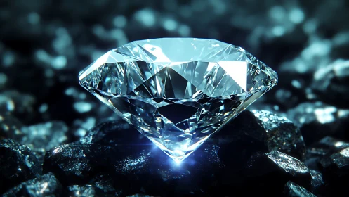 Brilliant cut diamond rests gently on shimmering dark stones