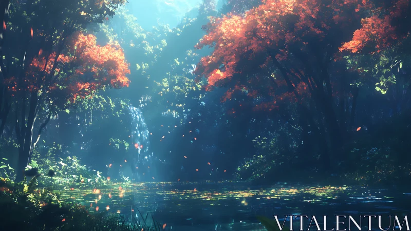 Luminescent Forest Canyon with Autumn Foliage and Particle Light