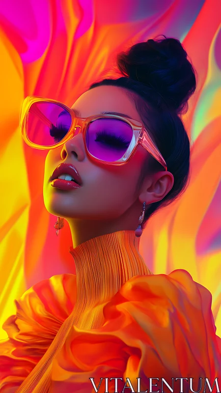 Radiant woman in neon sunglasses glowing with bold color.