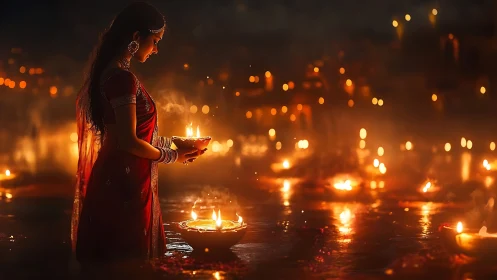 Woman in red sari holds river diyas under golden night glow.