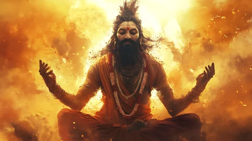 Meditating holy man in fiery golden spiritual aura.