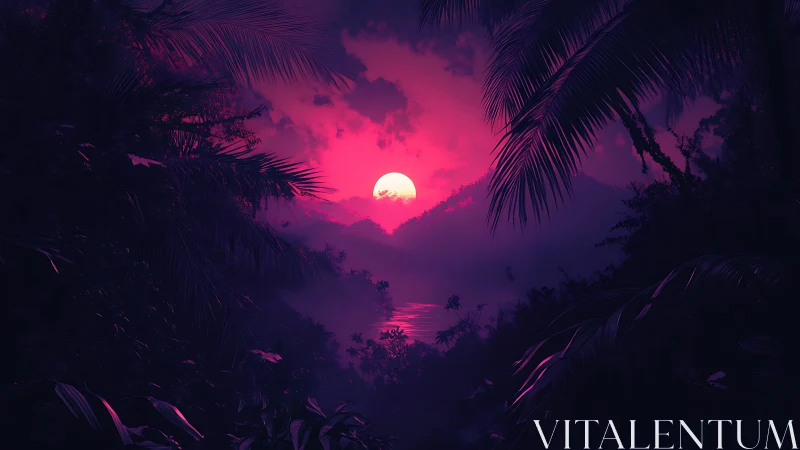 Neon jungle valley sunset with glowing magenta sky.