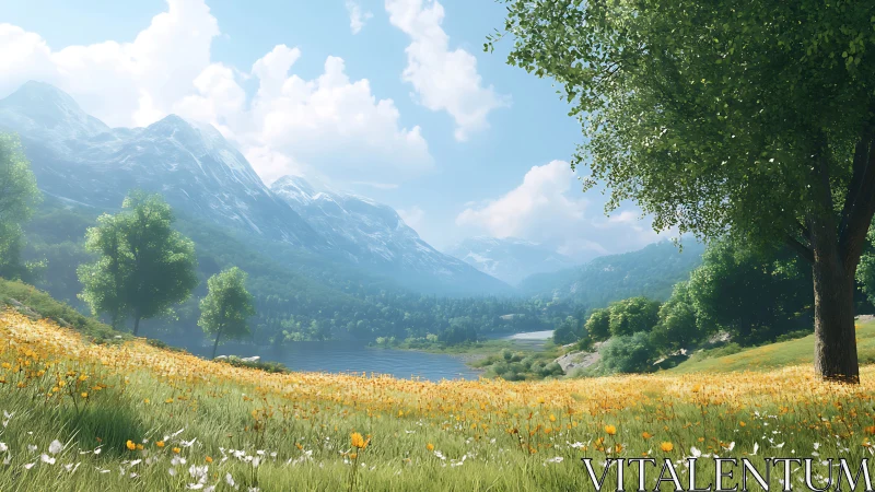 Sunlit mountain meadow opens onto tranquil lakeside valley
