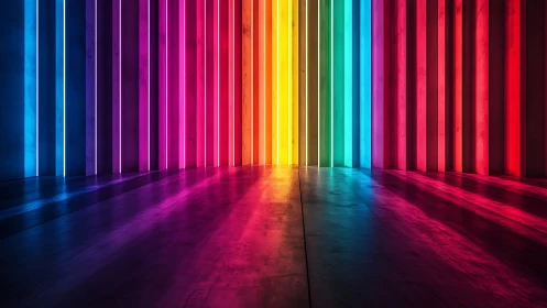 Neon rainbow corridor casts saturated light across floor