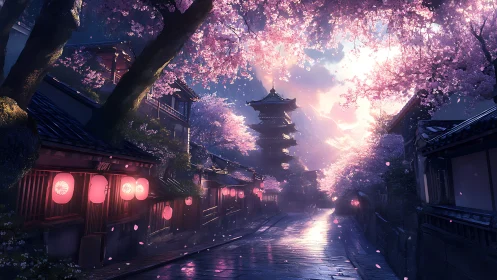Cherry blossom street frames tranquil pagoda at dusk.