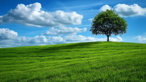 Lone tree on grassy hill under blue sky, vivid landscape photo.
