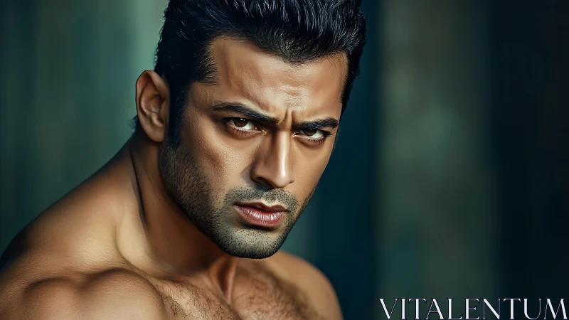 High-contrast male portrait with intense gaze and sculpted lighting