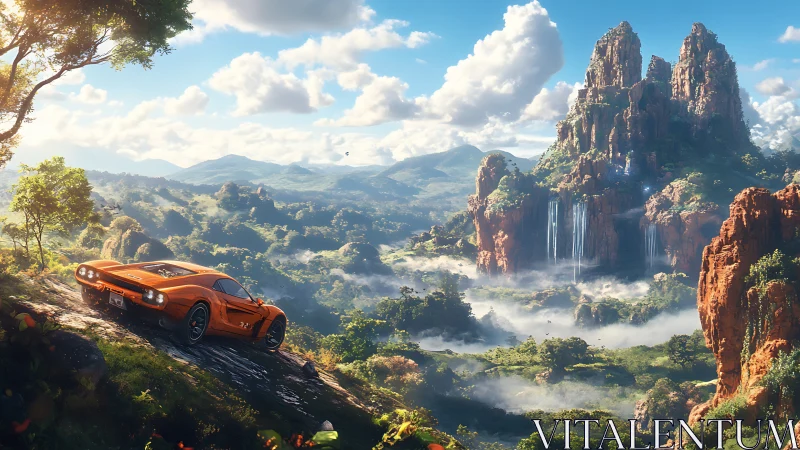 Orange sports car pausing above misty valley waterfalls.