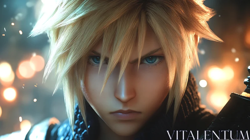 Frost-eyed warrior stares down destiny in emberlit silence.