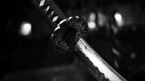 Katana blade glows in dramatic monochrome close-up detail.