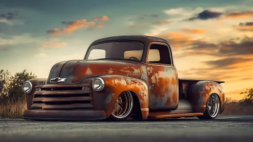 Rusty lowered vintage pickup truck sits on rural road
