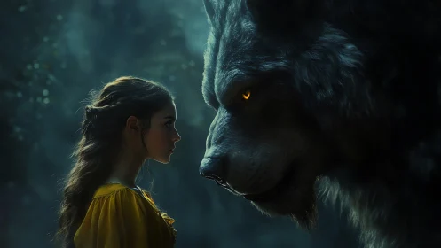 Girl in golden dress confronting colossal wolf in misted forest.