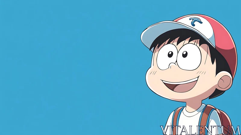 Sunlit boy with backpack gazing into a bright blue sky.