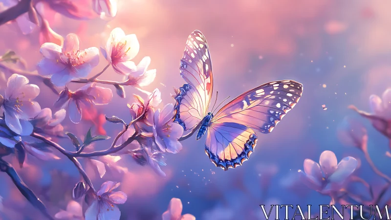 Iridescent butterfly hovers among cherry blossoms at dusk