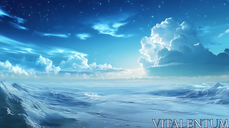 Frozen plain beneath bright cumulus clouds and star field.