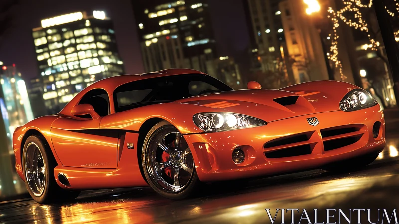 Midnight orange supercar prowls through neon city streets.