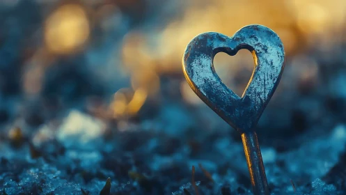 Weathered Heart Cutout With Golden Bokeh Glow.