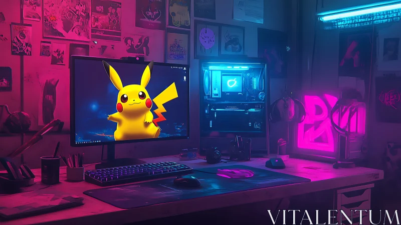 Neon gaming desk with Pikachu wallpaper and RGB rig.