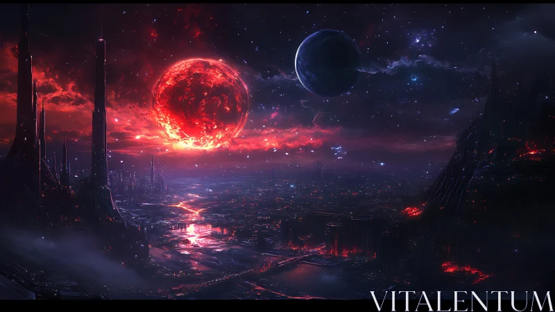 Binary planets above volcanic megacity under crimson star