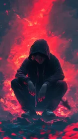 Hooded figure crouched in front of intense red digital flames