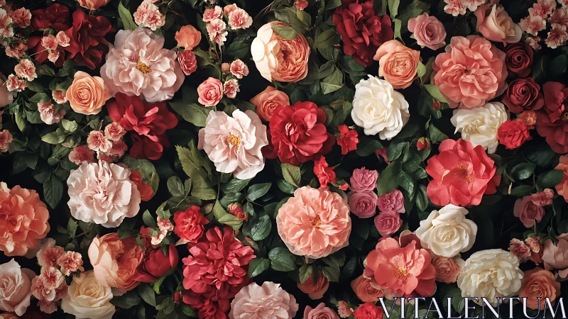 Dense multicolored rose wall with layered green foliage background.