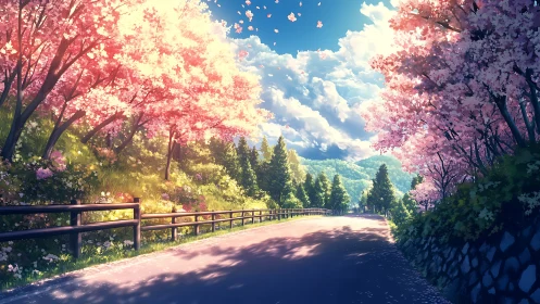 Cherry blossom lined road curves through bright spring hills