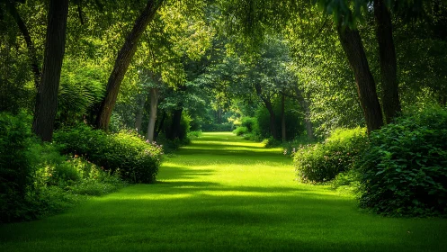 Sunlit forest pathway with dense trees and trimmed grass