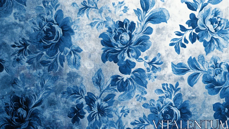 Textured blue floral wallpaper with tonal botanical relief pattern.