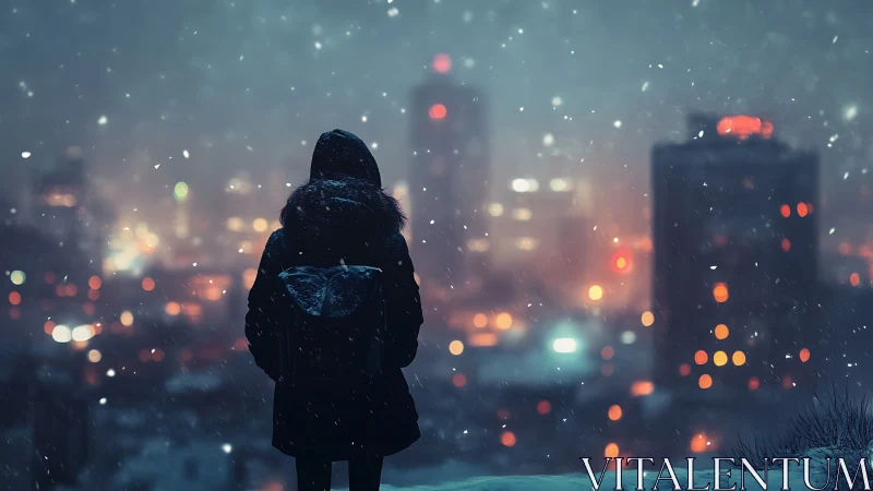 Solitary figure studies snowy city skyline at blue hour