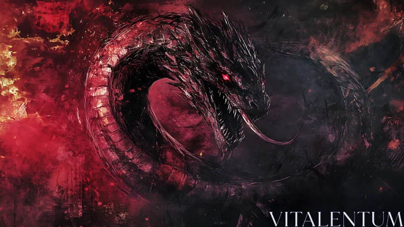 Ouroboros dragon in coiled profile with crimson inferno backdrop