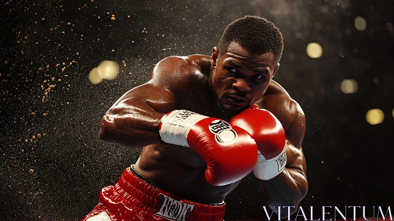Boxer in red and white gloves executes punch with water particles.