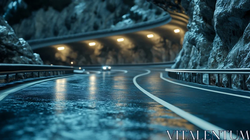Curved wet mountain roadway with tunnel and guardrails at night.