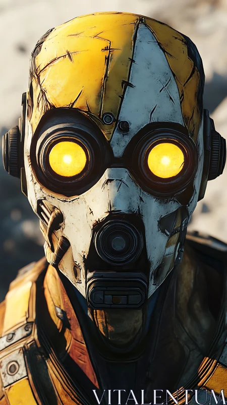 Yellow and white robotic head with glowing circular eyes.