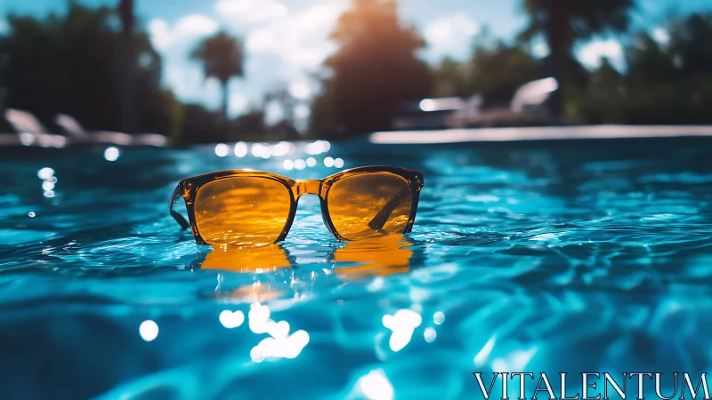 Polarized amber sunglasses floating on sunlit rippled pool surface