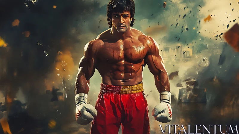 Champion Boxer in Dynamic Combat Stance Amid Debris.