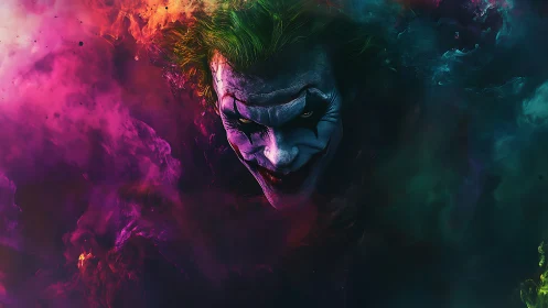 Mischievous clown emerges from swirling neon chaos.