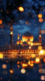 Illuminated domed mosque complex reflects across calm water