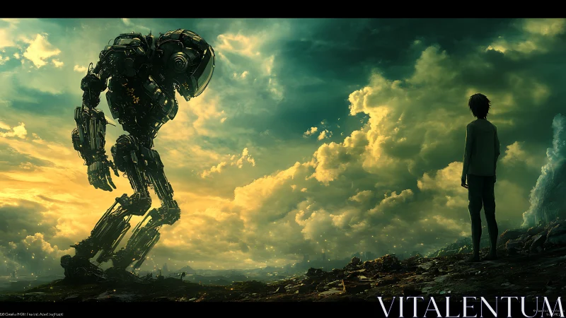 Giant robot confronts solitary boy under dramatic storm clouds
