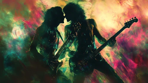 Backlit rock guitar duo in neon vapor cloud, intimate pose