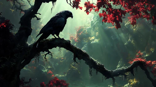 Raven perched on gnarled branch in volumetric forest light